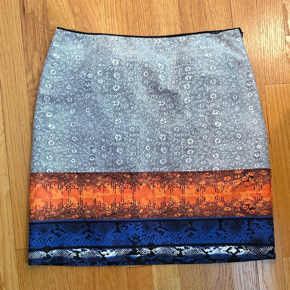 Kenneth Cole Multi Print Skirt with Orange and Blue Accents